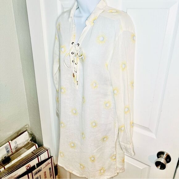 Cynthia Rowley Cream Yellow Sun Moon Linen Swim Coverup Tunic Shirt Dress S - Picture 4 of 9